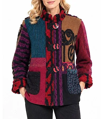 Woven Abstract Mix Media Stand Collar Long Sleeve Button Front Jacket by Ali Miles