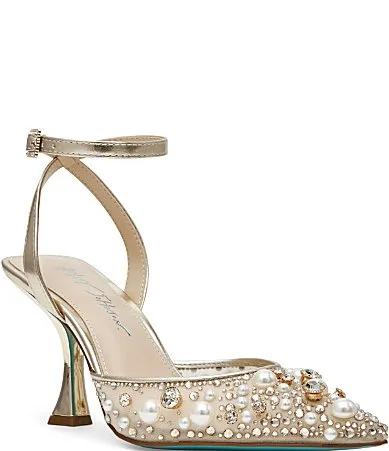 Blue by Betsey Johnson Livv Pearl and Rhinestone Accent Ankle Strap Pumps by Betsey Johnson