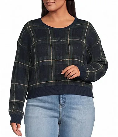 The Jacquard Plaid Printed Crew Neck Long Sleeve Cropped Cardigan by GOOD AMERICAN