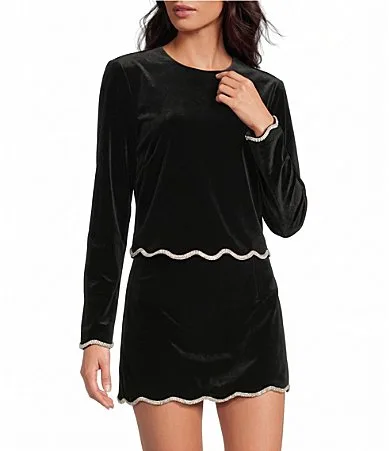 Casey Embellished Round Neck Long Sleeve Coordinating Velvet Blouse by Gianni Bini