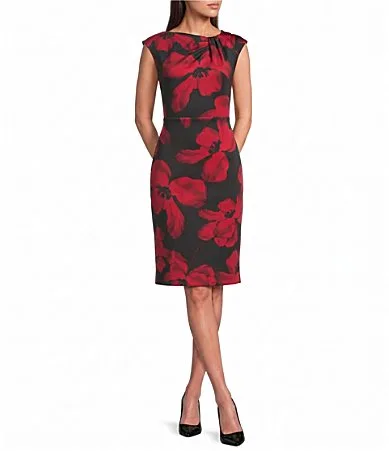 Floral Print Cap Sleeve Asymmetric Neck Sheath Dress
