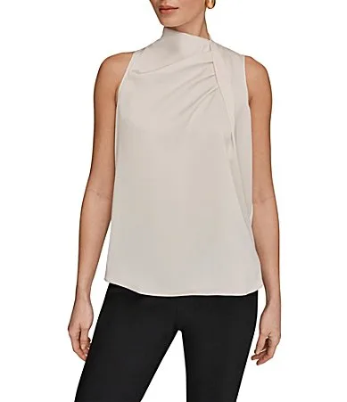 Pleated Mock Neck Sleeveless Blouse