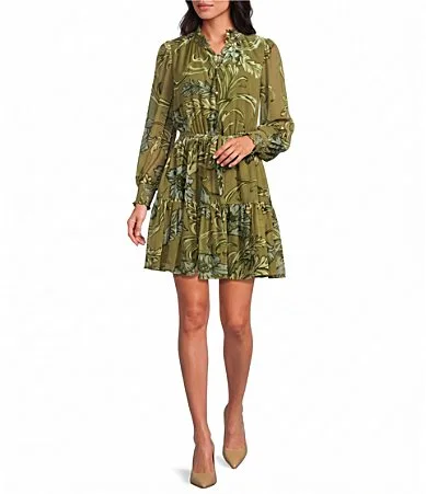 Amaia Floral Velvet Burnout Ruffle Neck Long Sleeve Button Front A-Line Mini Dress by Ciebon