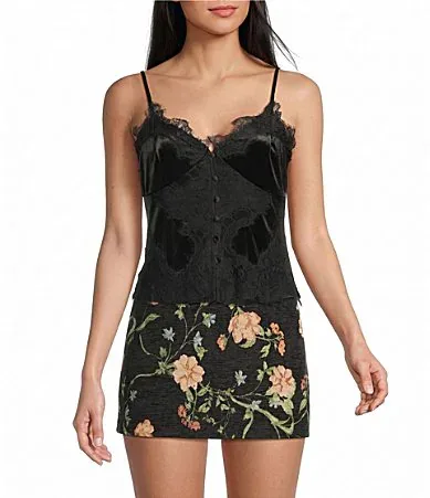 Velvet Lace Trim V-Neck Cami by GB