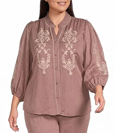 Embroidered Ruffle Trim Mandarin Collar 34 Puff Sleeve Button-Front Coordinating Top