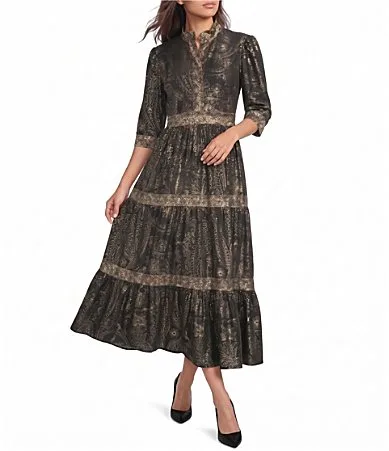 Candy Wild Paisley Black Gold Print Jude Cloth Knit V-Neck 34 Sleeve A-Line Tiered Maxi Dress by Jude Connally