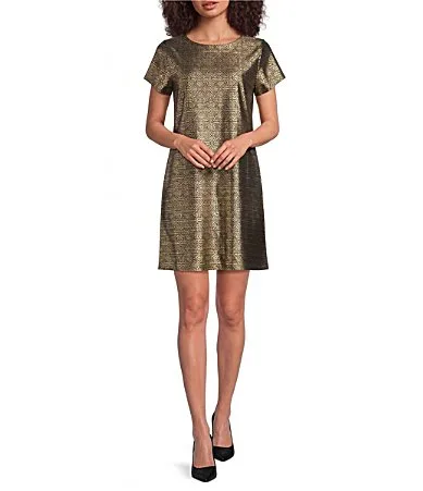 Ella Geo Gold Print Jude Cloth Knit Short Sleeve Crew Neck T-Shirt Dress