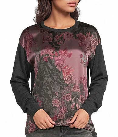 Mixed Media Silk Floral Print Front Crew Neck Drop Shoulder Long Sleeve Merino Wool Pullover Top