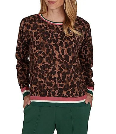 Knit Contrast Trim Cheetah Print Boat Neck Long Sleeve Sweater by Ruby Rd