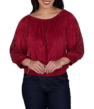 Faux Suede Boat Neck 34 Blouson Floral Cutout Sleeve Top by Ruby Rd