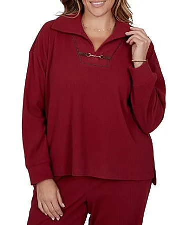 Ribbed Knit Faux Suede Trim Portrait Collar Long Sleeve Horse Bit Top by Ruby Rd