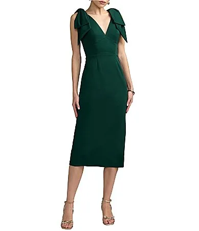 Crepe V-Neck Sleeveless Bow Shoulder Midi Sheath Dress