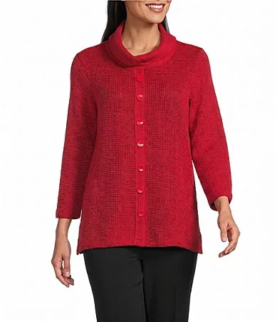 Textured Knit Cowl Neck 3/4 Sleeve Faux Button Novelty Top by Multiples