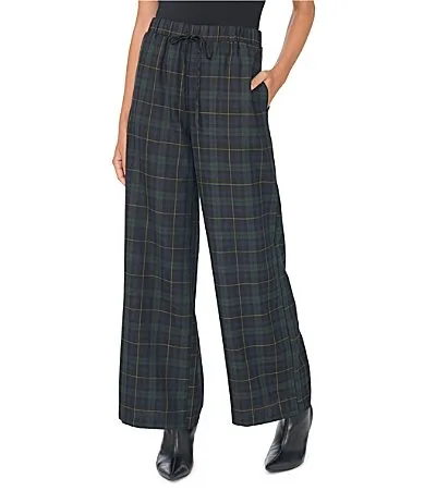 Tartan Plaid Relaxed Wide Leg Drawstring Pants by Vince Camuto