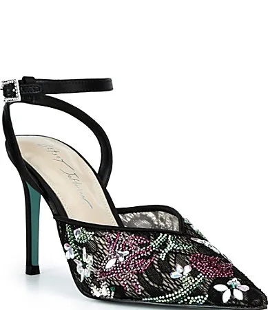 Blue by Betsey Johnson Perri Floral Rhinestone Ankle Wrap Pumps by Betsey Johnson