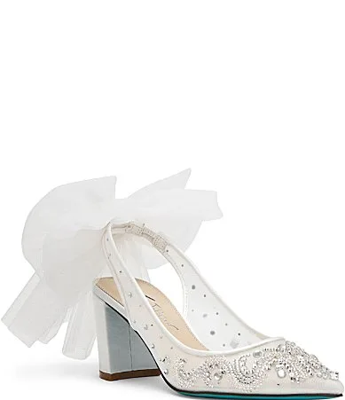Blue by Betsey Johnson Ann Mesh Rhinestone Oversized Bow Slingback Pumps by Betsey Johnson