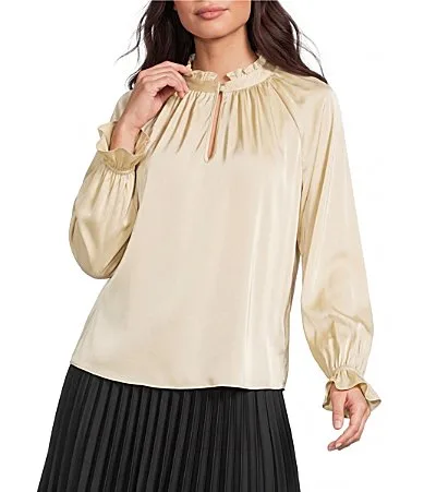 Long Sleeve Ruffle Split Round Neck Button Satin Blouse by Investments