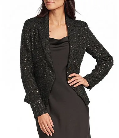Boucle Notch Lapel Long Sleeve Double Breasted Blazer