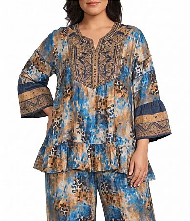 Animal Tie Dye Print Embroidered Bib Split V-Neck 34 Bell Sleeve Coordinating Tunic