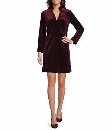 Kate Stretch Velvet Mandarin Collar 34 Sleeve Shift Dress by Jude Connally