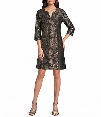 Megan Wild Paisley Print Jude Cloth Stretch Knit Split V-Neck 34 Sleeve Shift Dress by Jude Connally