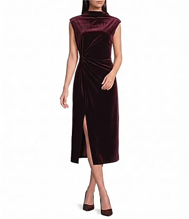 Autumn Velvet Funnel Neck Cap Sleeve Side Twist Detail Sheath Dress