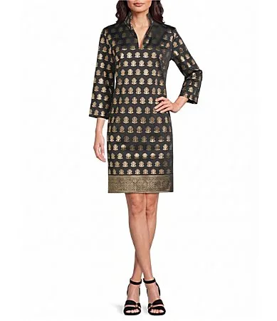 Britt Gilded Jude-Cloth Foulard Border Print Stand Split V-Neck 34 Sleeve Dress by Jude Connally