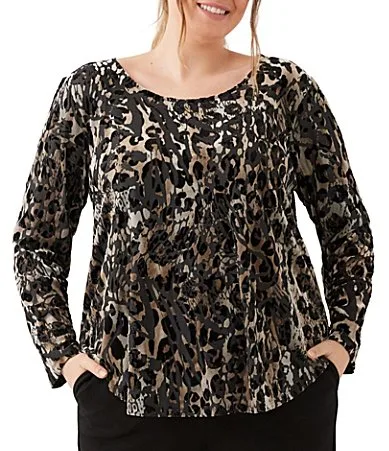 Velvet Burnout Animal Print Boat Neck Long Sleeve Top by Karen Kane