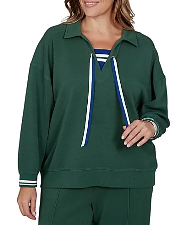 Scuba Pique Point Collar 34 Sleeve Stripe Trim Pullover by Ruby Rd