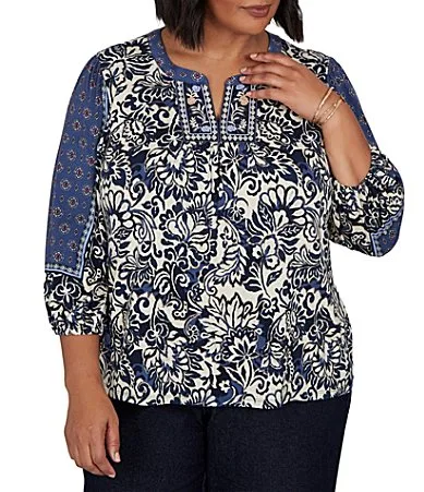Knit English Foliage V-Neck 34 Sleeve Top by Ruby Rd