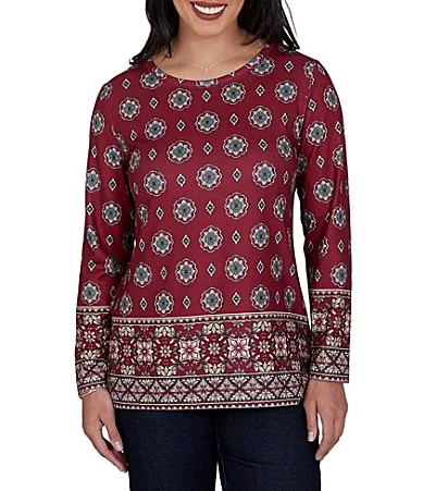 Hatchi Knit Medallion Border Print Crew Neck Bracelet Length Sleeve Top by Ruby Rd