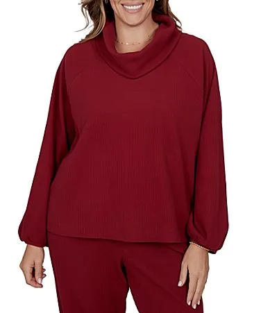 Coordinating Premium Ribbed Knit Cowl Neck Long Bubble Sleeve Top