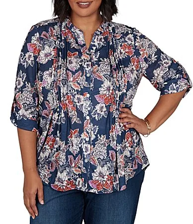 Slub Jersey Kensington Inspired Floral Split V-Neck Elbow Roll-Tab Sleeve Button-Front Sh by Ruby Rd