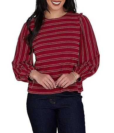 Textured Knit Dobby Stripe Crew Neck Bracelet Length Sleeve Top