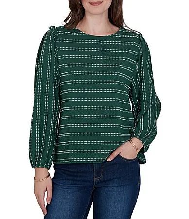 Textured Knit Dobby Stripe Crew Neck Bracelet Length Sleeve Top by Ruby Rd