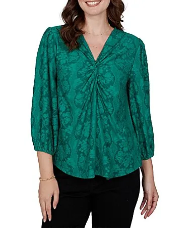 Ruby Rd. Textured Floral Clip Jacquard V-Neck 34 Sleeve Top by Ruby Rd