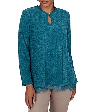 Pointelle Chenille Knit Round Neck Long Sleeve Top