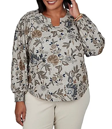 Ruby Rd. Stretch Knit Floral Horseshoe Neck Long Sleeve Smocked Detail Top