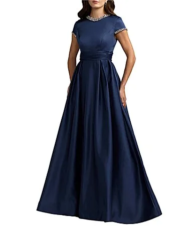 Mac Duggal Embellished Satin Cap Sleeve with Pockets Long Gown by M.A.C.
