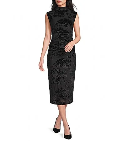 Sam Edelman Mock Neck Ruched Velvet Burnout Midi Dress