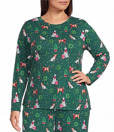 Sleep Sense Holiday Dogs Print Long Sleeve Crew Neck Knit Coordinating Sleep Top by Sleep Sense