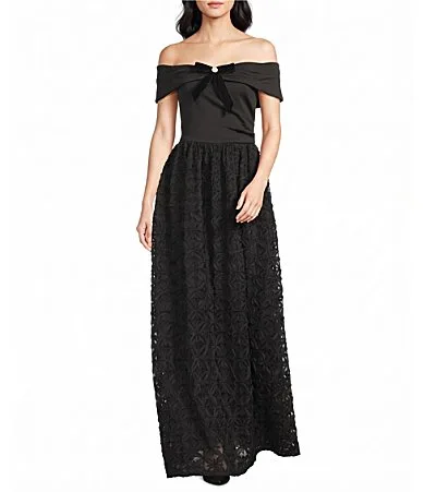KARL Lagerfeld PARIS Off-The-Shoulder Short Sleeve Heave Weight Scuba Long Dress by Karl Lagerfeld