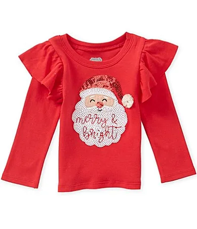 Mud Pie Long Sleeve Sequin Embellished Santa Face Applique T-Shirt by Mud Pie