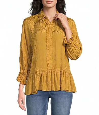 Woven Jacquard Spread Collar 34 Sleeve Peplum Blouse by Tru Luxe Jeans