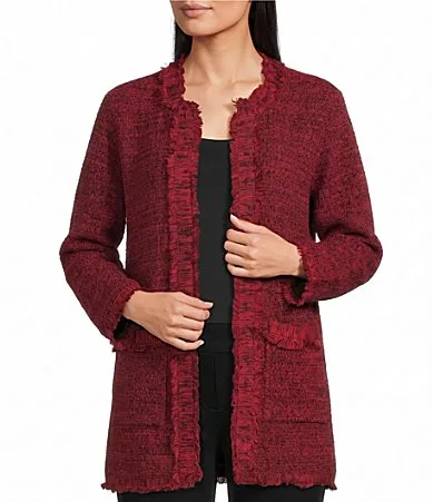 Knit Textured Knit Novelty Open Front 34 Sleeve Fringe Trim Open Front Jacket by Multiples
