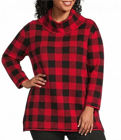 Sweater Knit Plaid Cowl Neck 34 Sleeve Top by Multiples