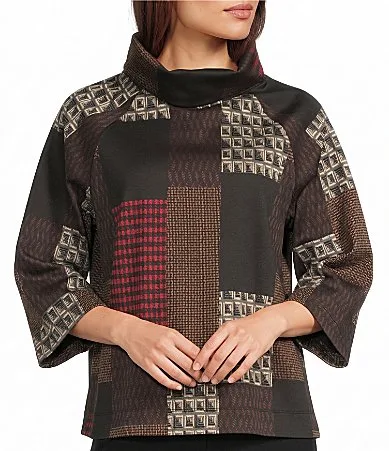 Yarn Dye Jacquard Knit Patchwork Cowl Neck 34 Raglan Sleeve Top by Multiples