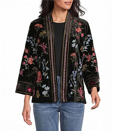 Woven Embroidered Velvet Floral Print Band Collar Long Sleeve Jacket by John Mark