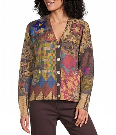 Knit Holiday Floral Multi Print V-Neck Long Sleeve Sweater Cardigan by John Mark