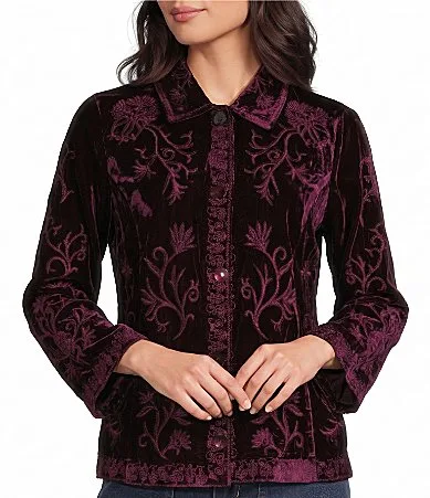 Velvet Embroidered Convertible Collar Long Sleeve Button Front Shirt